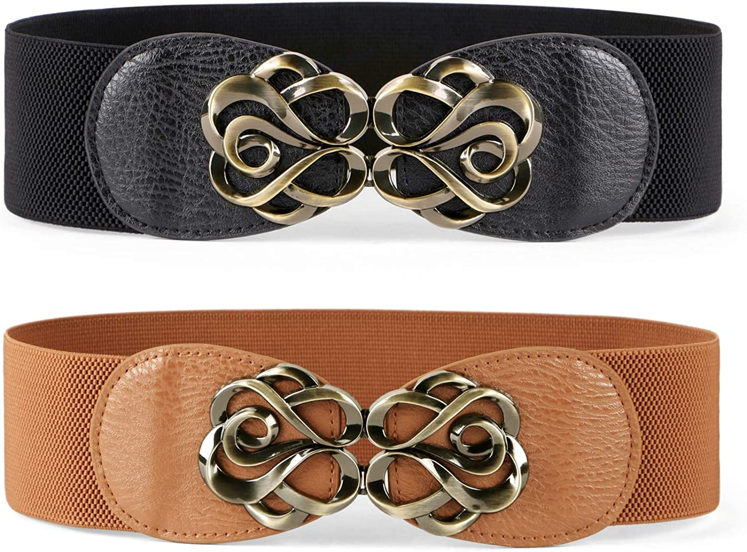 JASGOOD Women Stretchy Belt for Dresses Vintage Elastic Wide Waist Belt Apparel & Accessories > Clothing Accessories > Belts KYLIE MAX B-black+brown Suit for waist size 44"-49" 