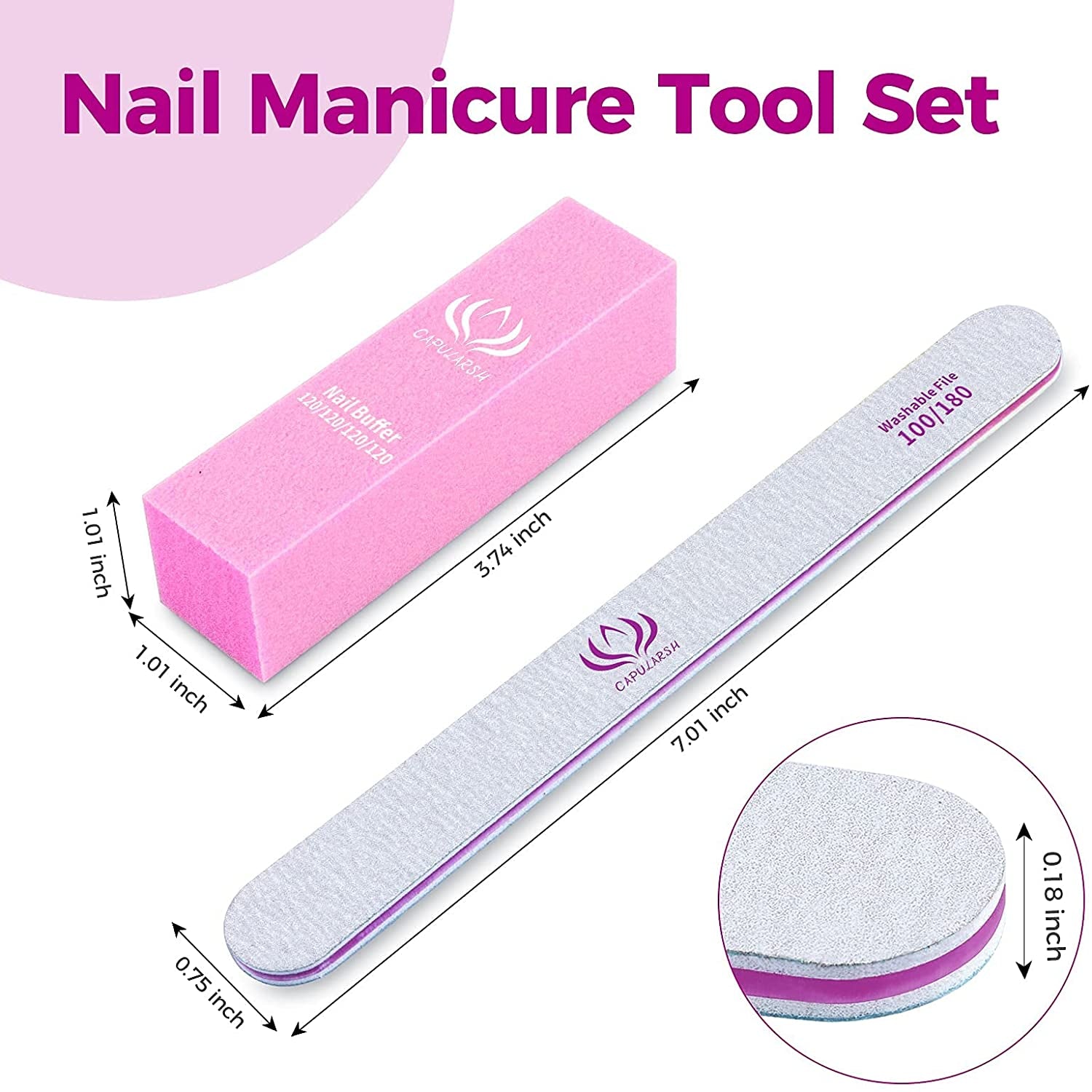 Nail Files and Buffers - Capularsh 16Pack Professional Manicure Tools Kit, 10Pcs 100/180 Grit Double Sided Nail Files for Acrylic Dip Nails, 6Pcs Four Sided 120 Grit Nail Buffer Block for Home Salon Health & Beauty > Personal Care > Cosmetics > Cosmetic Tools > Nail Tools Capularsh   