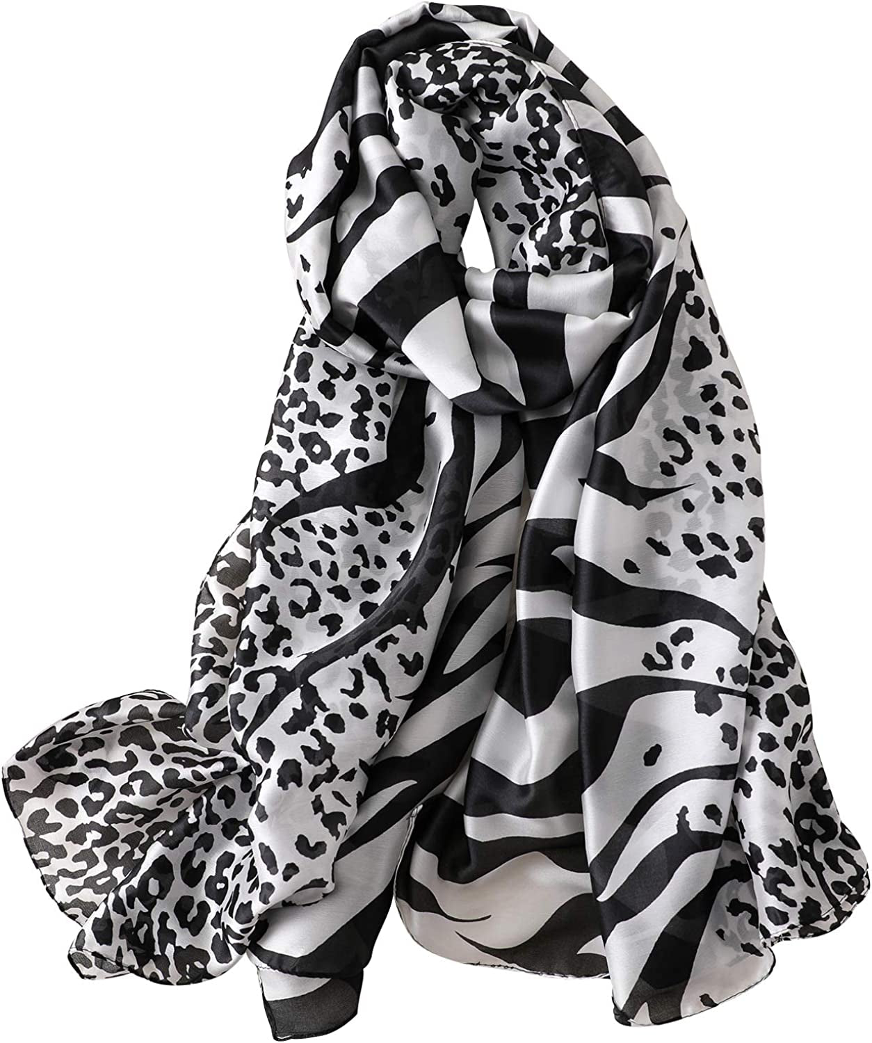 NUWEERIR Womens 100% Large Mulberry Silk Scarf Long Satin Scarf Fashion Designer Scarf Lightweight Wraps Apparel & Accessories > Clothing Accessories > Scarves & Shawls NUWEERIR White Leopard  