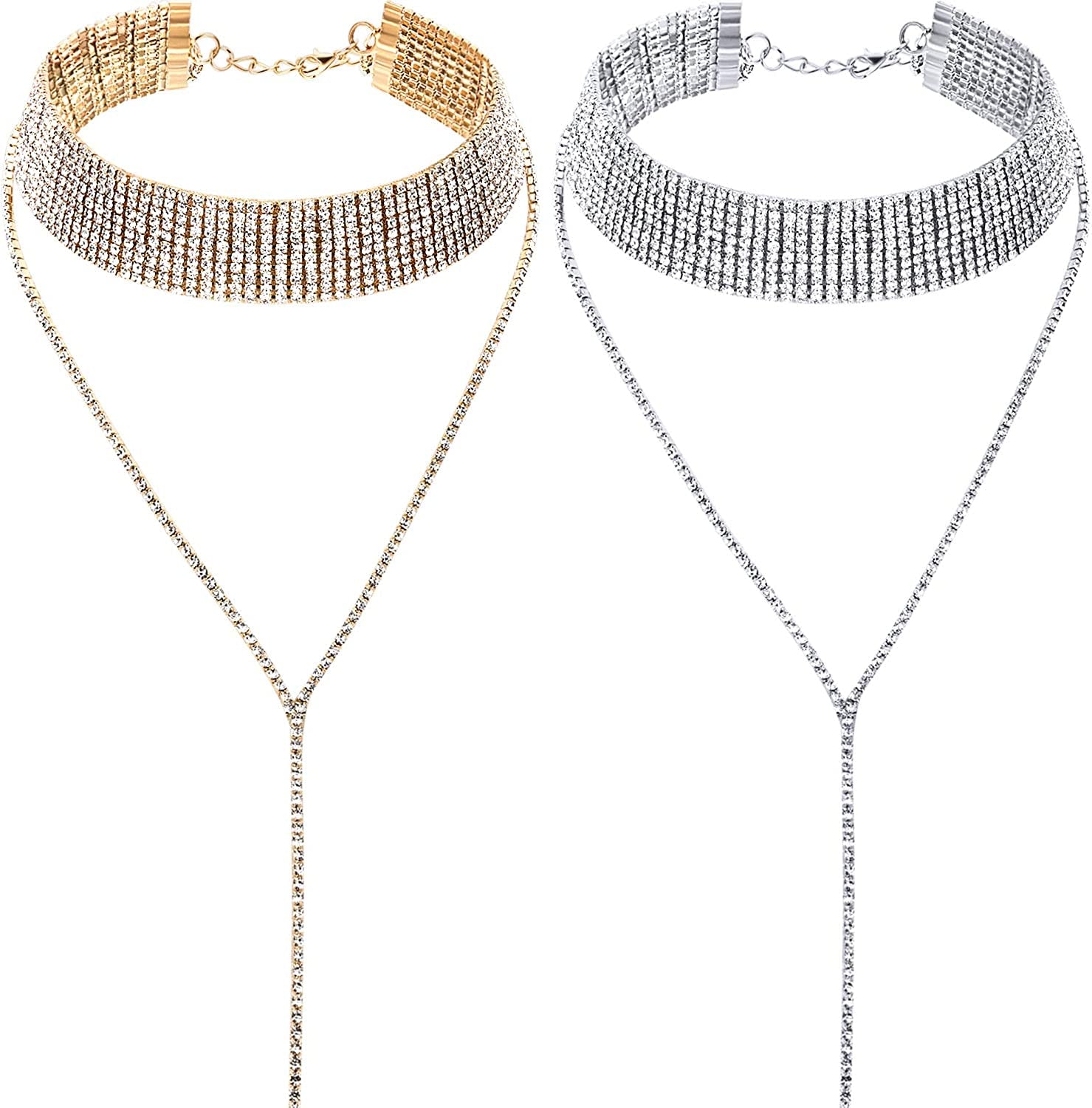 Meekoo 2 Pieces Rhinestone Tassel Choker Necklace Multi-Layer Wide Collar Necklaces Tassel Chain Necklaces for Women Girls Favor Apparel & Accessories > Jewelry > Necklaces meekoo   