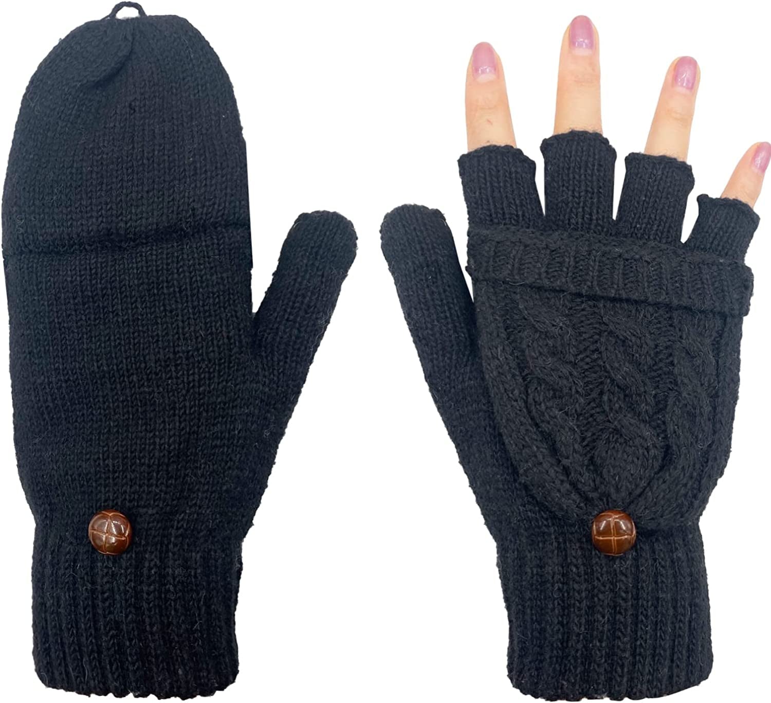 Beurlike Women'S Winter Gloves Warm Wool Knitted Convertible Fingerless Mittens Apparel & Accessories > Clothing Accessories > Gloves & Mittens Beurlike Black  
