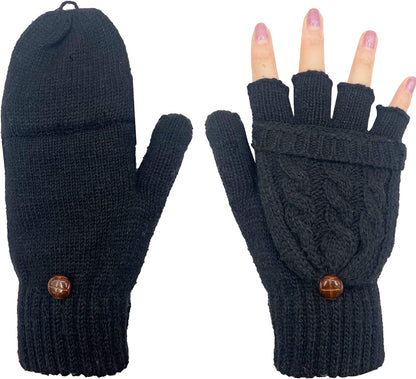 Beurlike Women'S Winter Gloves Warm Wool Knitted Convertible Fingerless Mittens Apparel & Accessories > Clothing Accessories > Gloves & Mittens Beurlike Black  