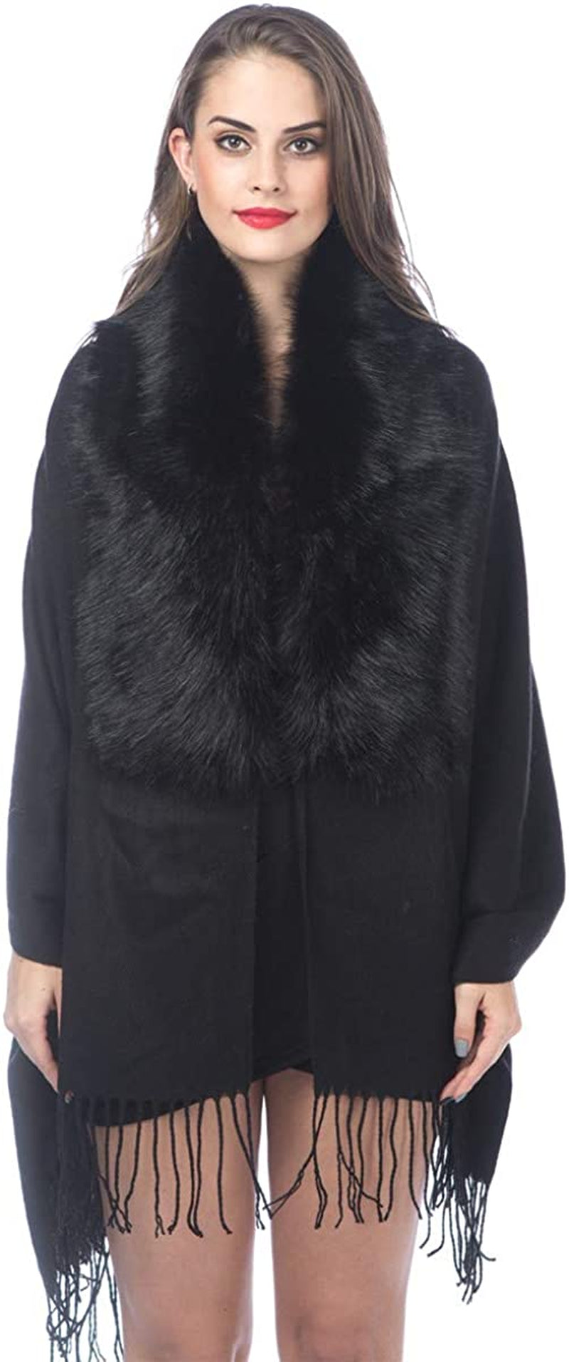 Women Cold Weather Luxurious Faux Fur Collar Joint Large Wrap Scarf for Ladies Apparel & Accessories > Clothing Accessories > Scarves & Shawls Lucky Leaf Wrap1-black  