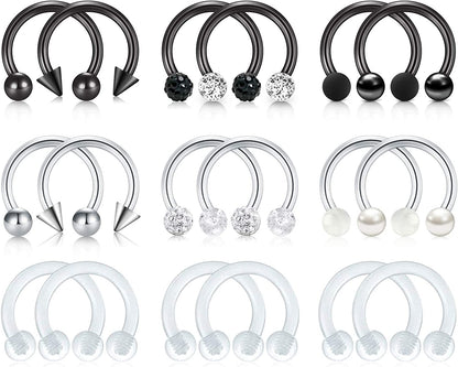 Mayhoop 16G Surgical Steel Horseshoe Nose Septum Rings Piercing Jewelry Cartilage Helix Tragus Earring Hoop Lip Horseshoe Piercing Retainer for Women Men 6Mm 8Mm 10Mm Apparel & Accessories > Jewelry > Rings Mayhoop 6-1#18Pcs-Black&Silver&Clear-10mm(3/8")  