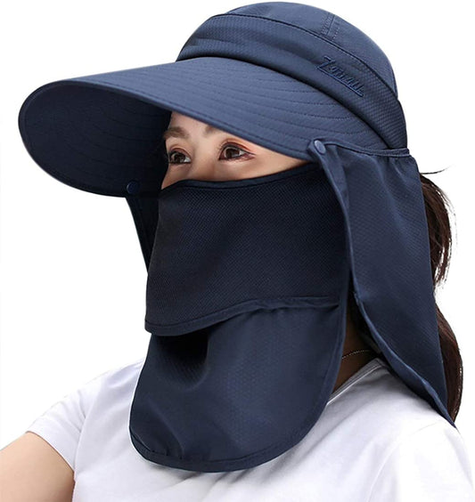Women Sun Wide Brim UV Protection Fishing Hats Foldable Ponytail Summer Hat with Detachable Flap Apparel & Accessories > Clothing Accessories > Hats HICOSKY Navy  