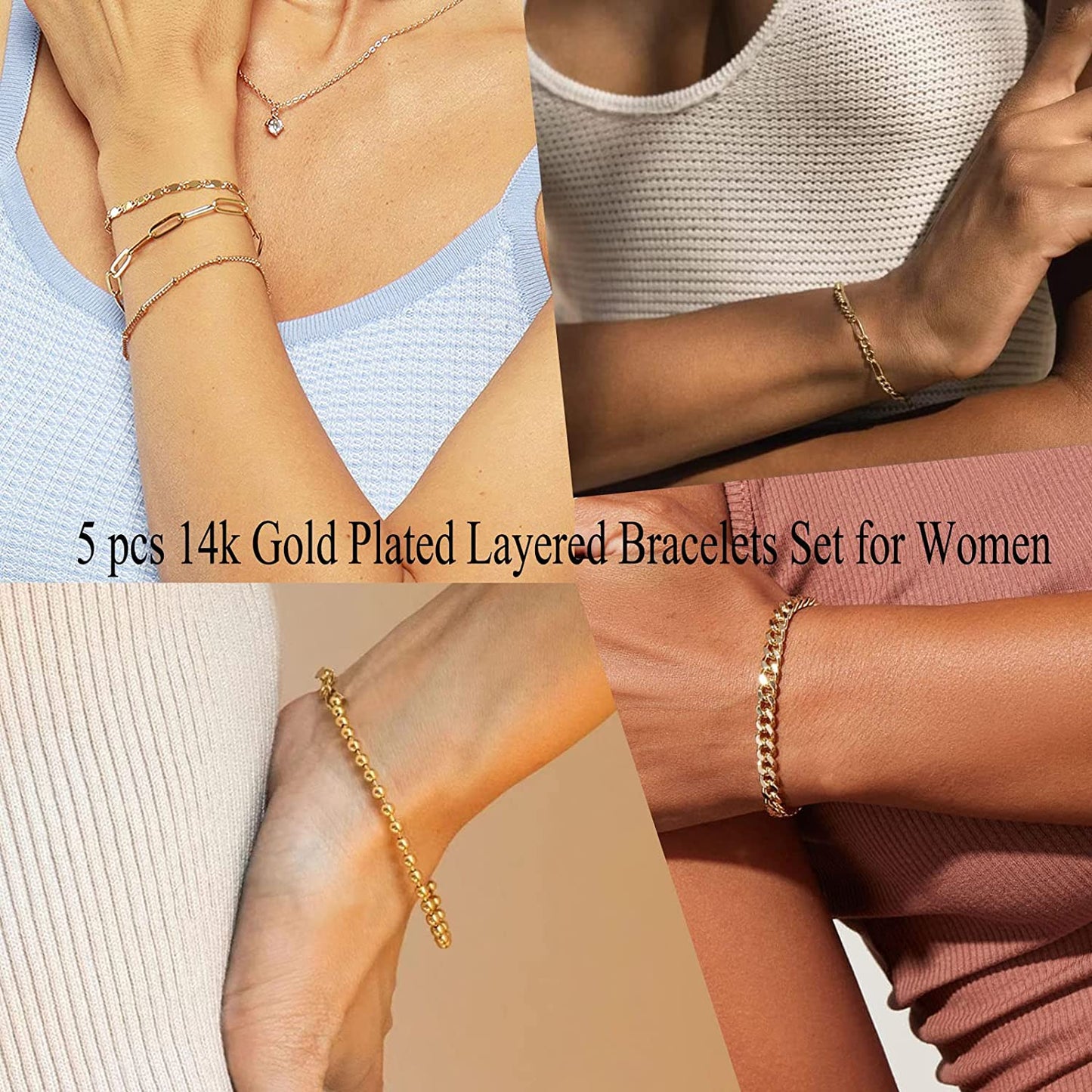 Reoxvo Dainty Gold Chain Bracelets Set for Women 14K Real Gold Plated Link Chain Bracelets for Women Trendy Gold Stackable Bracelets for Women Adjustable 7"+2" Apparel & Accessories > Jewelry > Bracelets Reoxvo   