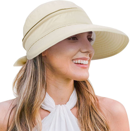 Verabella Womens Beach Hat Summer Lightweight Sun Hat for Hiking Sun Protection 2 in 1 Visor Sun Protection Hat Apparel & Accessories > Clothing Accessories > Hats Verabella Beige  