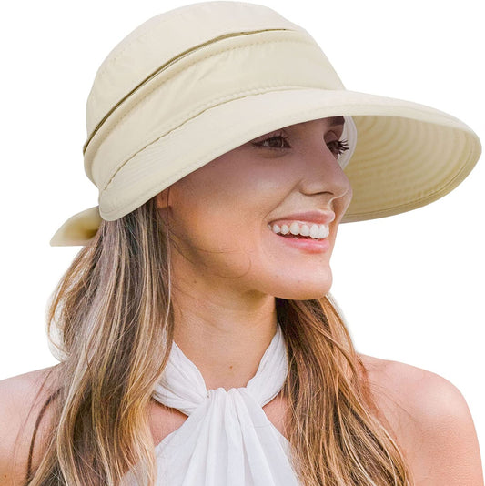 Verabella Womens Beach Hat Summer Lightweight Sun Hat for Hiking Sun Protection 2 in 1 Visor Sun Protection Hat Apparel & Accessories > Clothing Accessories > Hats Verabella Beige  
