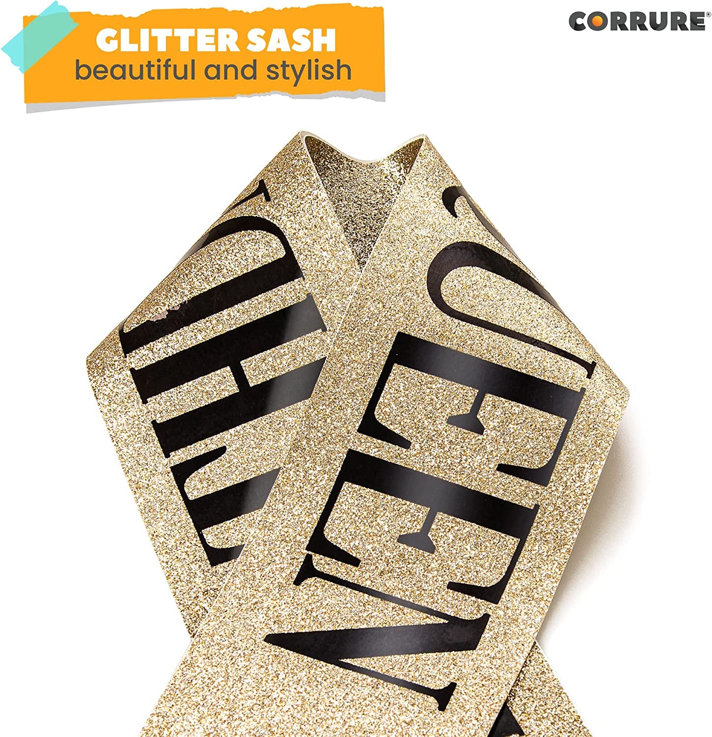 CORRURE 'Birthday Queen' Sash Glitter with Black Foil - Gold Glitter Happy Birthday Sash for Women - Party Favors Supplies and Decorations for Sweet 16, 18Th 21St 30Th 40Th or Any Bday Party Apparel & Accessories > Clothing Accessories > Sashes Pego Brands General   
