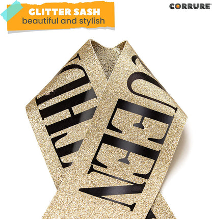 CORRURE 'Birthday Queen' Sash Glitter with Black Foil - Gold Glitter Happy Birthday Sash for Women - Party Favors Supplies and Decorations for Sweet 16, 18Th 21St 30Th 40Th or Any Bday Party Apparel & Accessories > Clothing Accessories > Sashes Pego Brands General   
