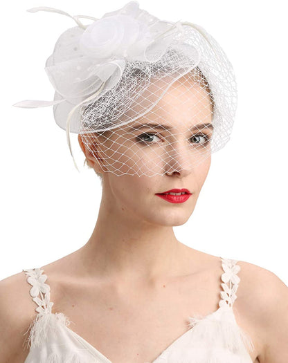Fascinators Hats 20S 50S Hat Pillbox Hat Cocktail Tea Party Headwear with Veil for Girls and Women Apparel & Accessories > Clothing Accessories > Headwear Cizoe D-white  