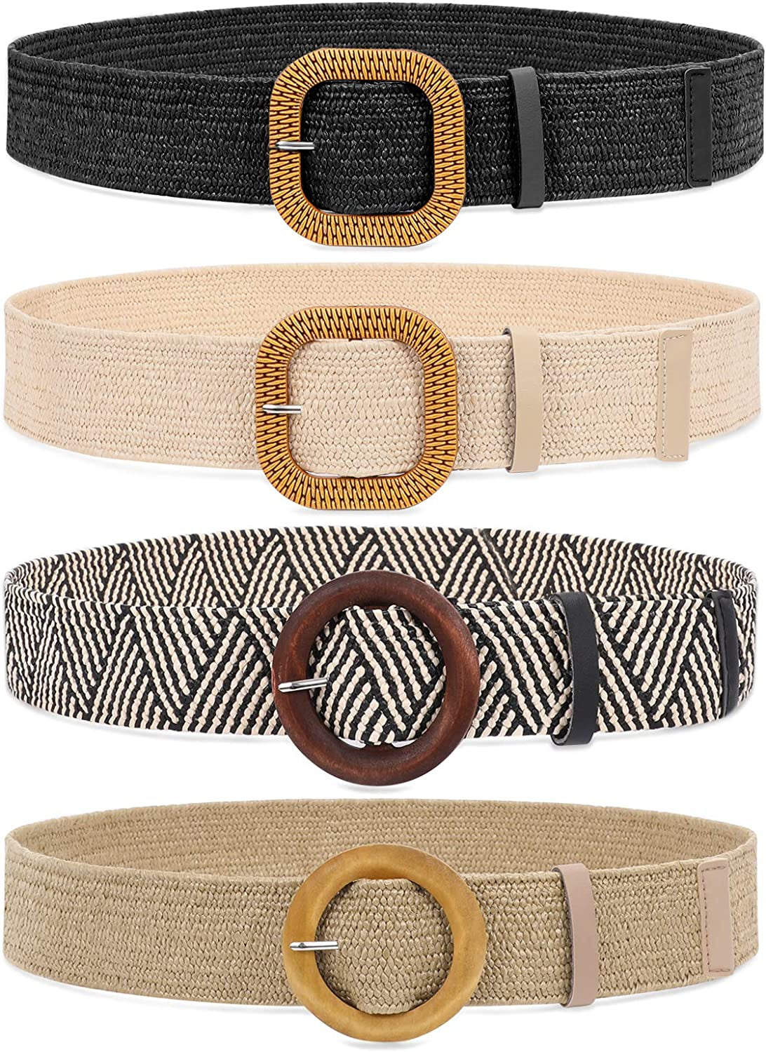 Set of 4 Straw Woven Elastic Stretch Waist Belts for Women, Fashion Boho Ladies Braided Skinny Dress Belt by WHIPPY Apparel & Accessories > Clothing Accessories > Belts WHIPPY 1-black/Sand/Stripe/Khaki Fit Waist up to 29" 
