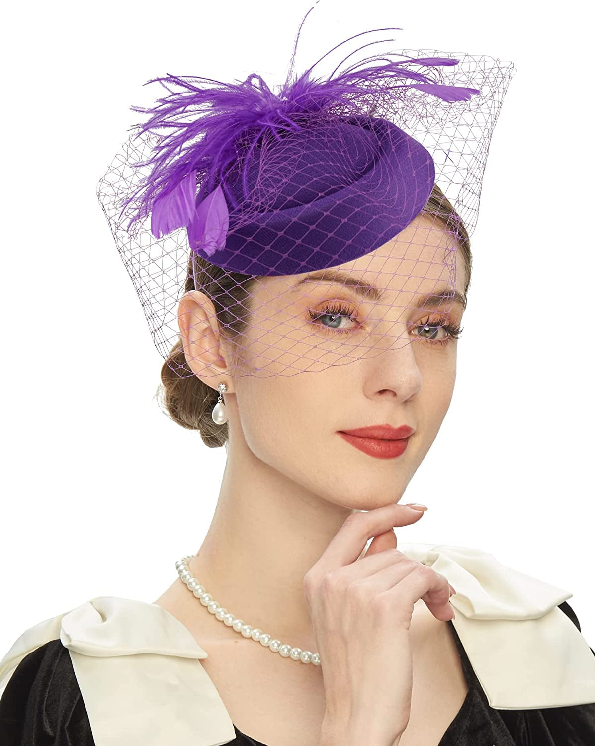 Fascinators Hats 20S 50S Hat Pillbox Hat Cocktail Tea Party Headwear with Veil for Girls and Women Apparel & Accessories > Clothing Accessories > Headwear Cizoe B-purple  