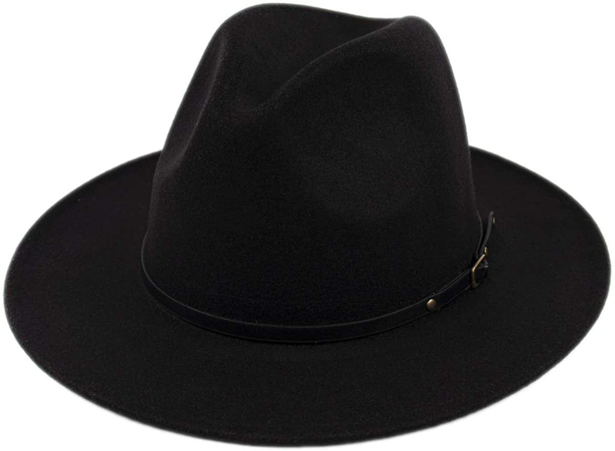 Lanzom Womens Classic Wide Brim Floppy Panama Hat Belt Buckle Wool Fedora Hat Apparel & Accessories > Clothing Accessories > Hats Lanzom A-black One Size 