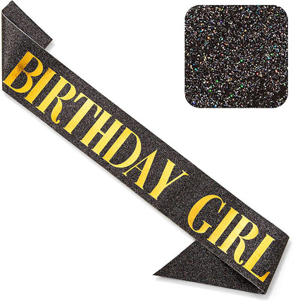 CORRURE 'Birthday Girl' Sash Glitter with Pink Foil - White Glitter Happy Birthday Sash for Women - Party Favors Supplies and Decorations for Sweet 16, 18Th 21St 30Th 40Th or Any Bday Party Apparel & Accessories > Clothing Accessories > Sashes CORRURE Black Gold  