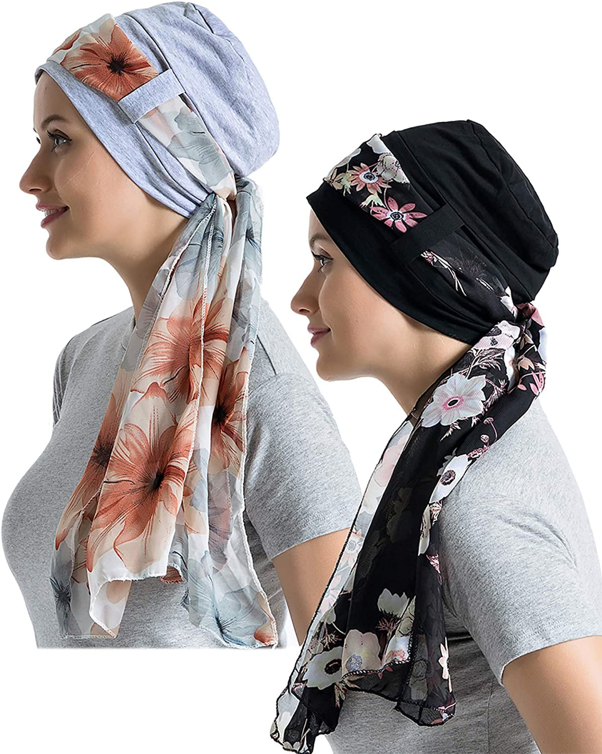 Bamboo Cotton Liner Chemo Headwear for Womenwith Silky Scarfs for Cancer Hair Loss Sleep Caps Beanie Apparel & Accessories > Clothing Accessories > Headwear JarseHera Black+gray One Size 