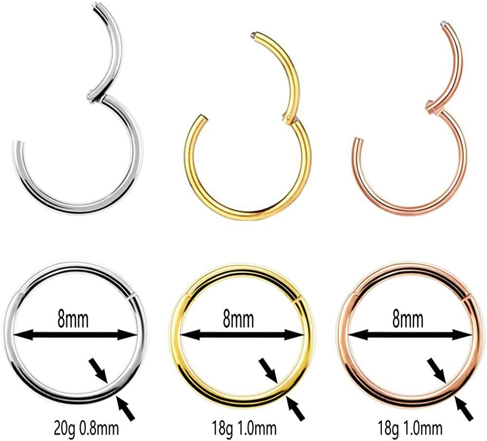 Vitaltyextracts 3Pcs Nose Rings Hypoallergenic 316L Surgical Steel Hinged Hoop 20G Silver 18G Gold - Rose Gold Diameter 8Mm Apparel & Accessories > Jewelry > Body Jewelry Vitaltyextracts   