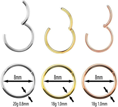 Vitaltyextracts 3Pcs Nose Rings Hypoallergenic 316L Surgical Steel Hinged Hoop 20G Silver 18G Gold - Rose Gold Diameter 8Mm Apparel & Accessories > Jewelry > Body Jewelry Vitaltyextracts   