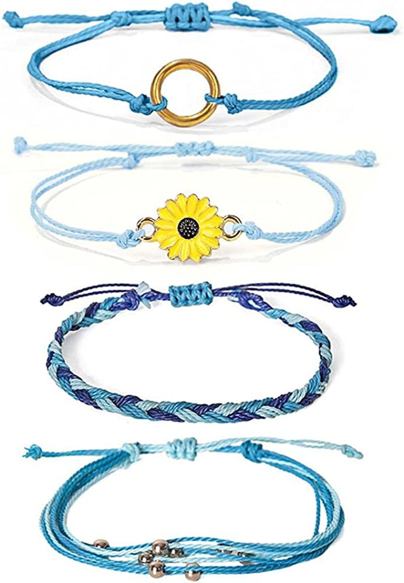 Caiyao 4 Pcs Summer Surfer Wave Anklet Bracelets Adjustable Strand Braided String Rope Bracelets Waterproof Handmade Sunflower Bracelets Anklets Jewelry for Women Teen Girls Apparel & Accessories > Jewelry > Anklets InShine Blue  