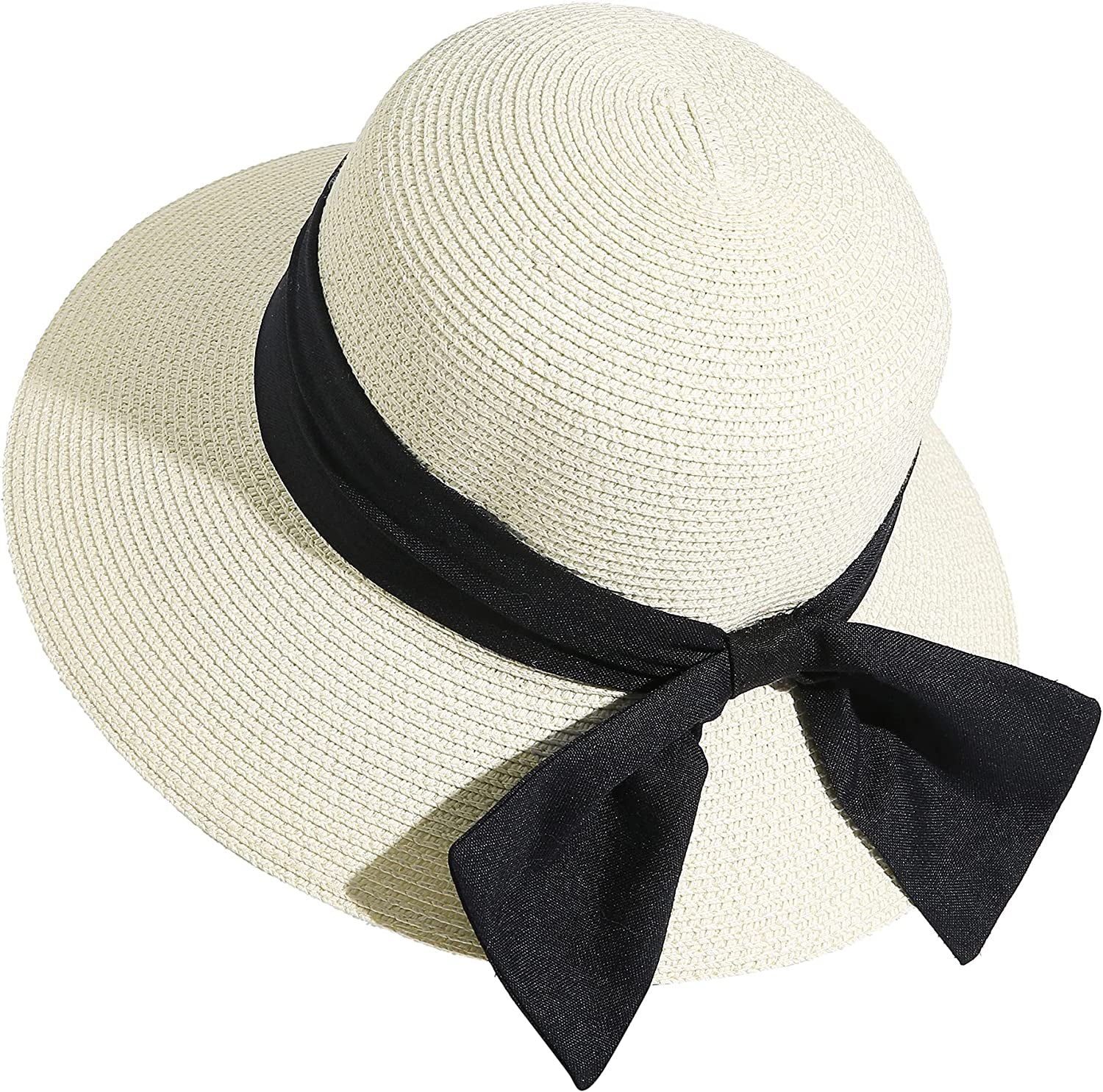 Lanzom Sun Hats for Women Wide Brim Straw Hat Summer Beach Hat Foldable Packable Cap for Travel Outdoor Apparel & Accessories > Clothing Accessories > Hats Lanzom Style F-ivory White One Size 