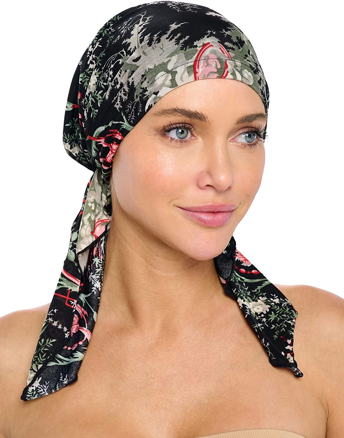 Ashford & Brooks Pre Tied Bandana Turban Chemo Head Scarf Sleep Hair Cover Hat Apparel & Accessories > Clothing Accessories > Bandanas & Headties Ashford & Brooks Abstract Black/Green/ Coral One Size 