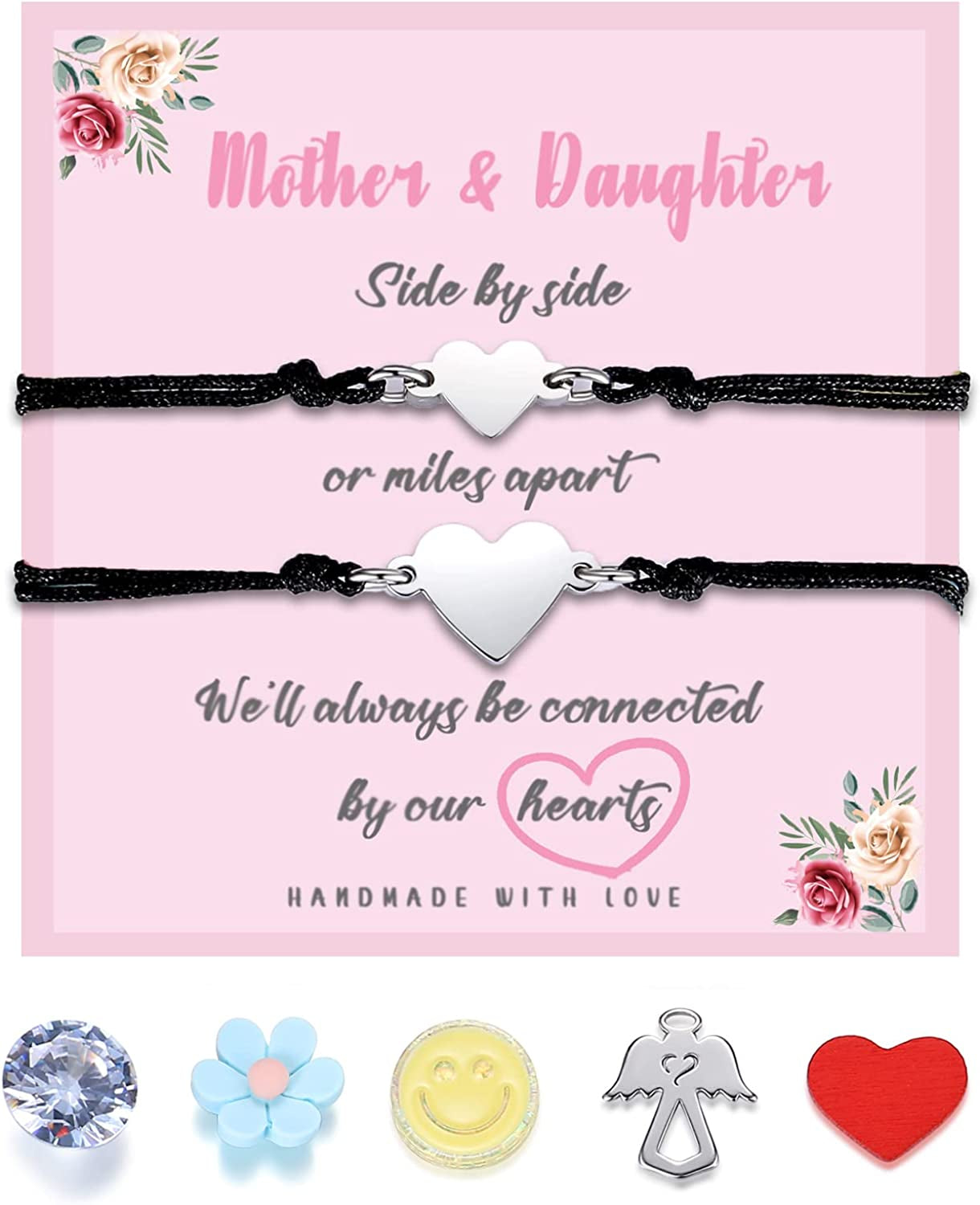 SAM & LORI Unique Matching Bracelets for Best Friends Couples Mother Daughter Son Dad Sisters Brothers-Unisex Adjustable Bracelets- Comes with Cards in Giftable Packing Apparel & Accessories > Jewelry > Bracelets SAM & LORI 1-Mother Daughter-Black-2 Hearts  