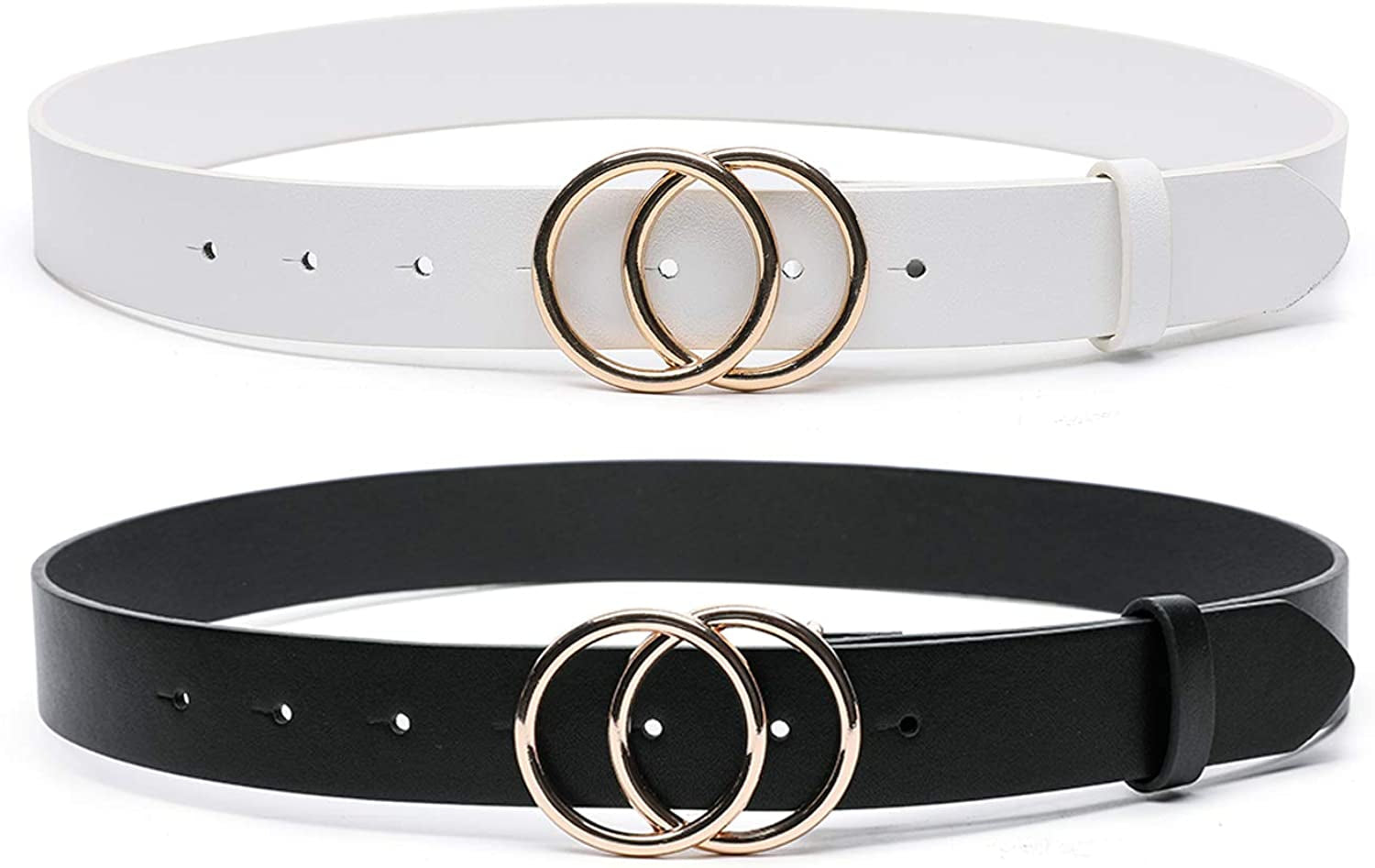 MORELESS 3 Pack Women'S Faux Leather Belts for Jeans Dress Pants, Fashion Waist Belts with Double O-Ring Buckle Apparel & Accessories > Clothing Accessories > Belts MORELESS Black+white Suit waistline 27"-30" 