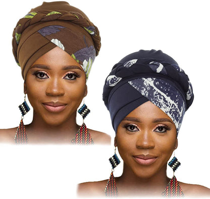 Woeoe African Turban Head Wraps Brown Pattern Head Scarf Pre-Tied Flower Print Head Cover Cap Headwear for Women and Girls(Pack of 2) Apparel & Accessories > Clothing Accessories > Headwear Woeoe   