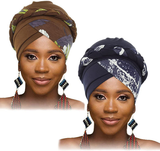 Woeoe African Turban Head Wraps Brown Pattern Head Scarf Pre-Tied Flower Print Head Cover Cap Headwear for Women and Girls(Pack of 2) Apparel & Accessories > Clothing Accessories > Headwear Woeoe   