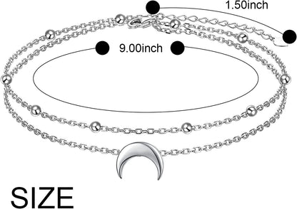 Star Moon Layered Anklet 925 Sterling Silver Sunflower Anklets for Women Girls Adjustable Beads Crescent Ankle Bracelet Boho Beach Foot Chain 9+1.5 Inch Charm Jewelry Birthday Gifts Apparel & Accessories > Jewelry > Anklets SilverSea Jewelry   
