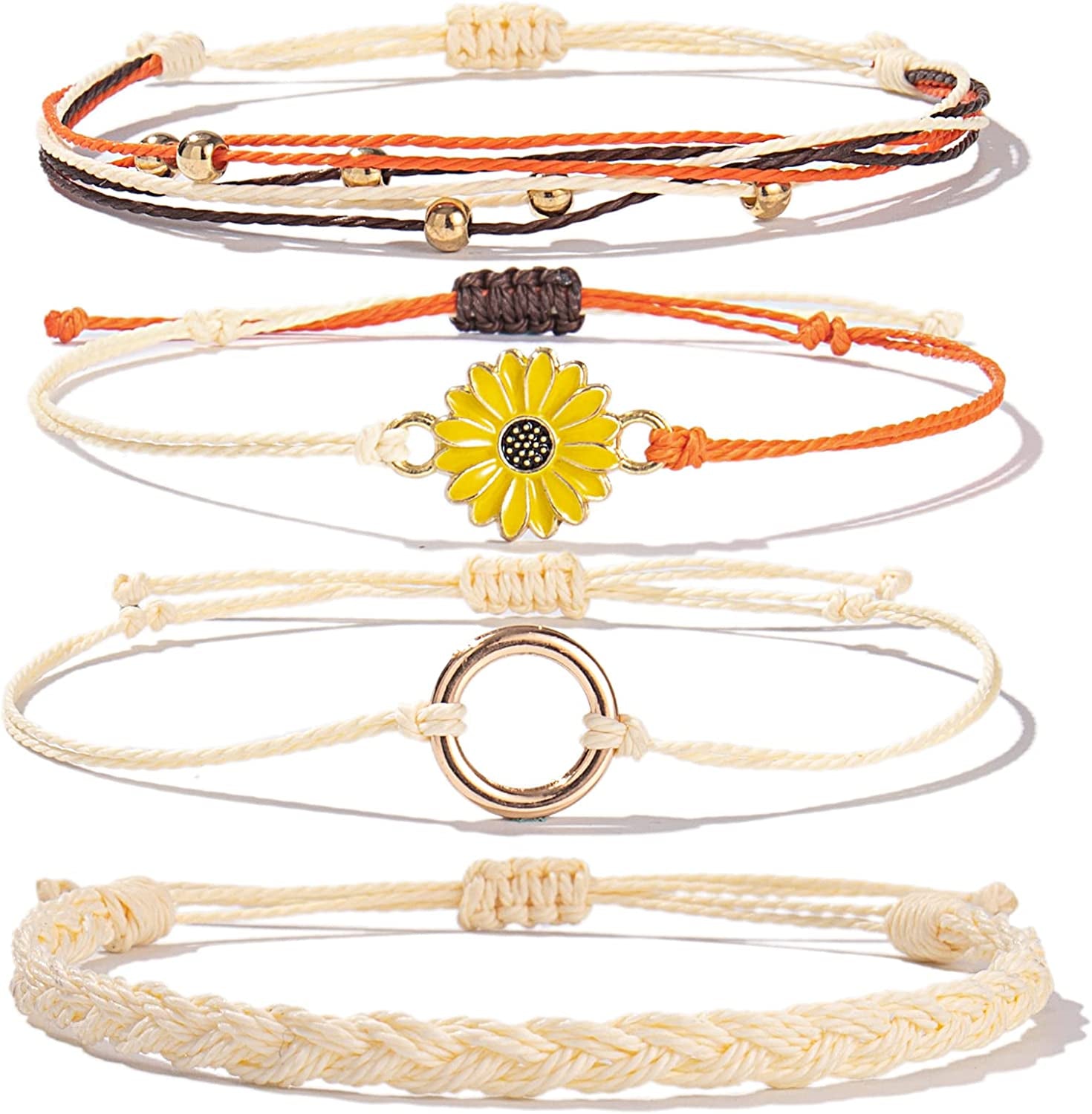 Sunflower String Bracelet Handmade Braided Rope Charms Boho Surfer Bracelet for Teen Girls Preteens Women Apparel & Accessories > Jewelry > Bracelets FANCY SHINY Beige  