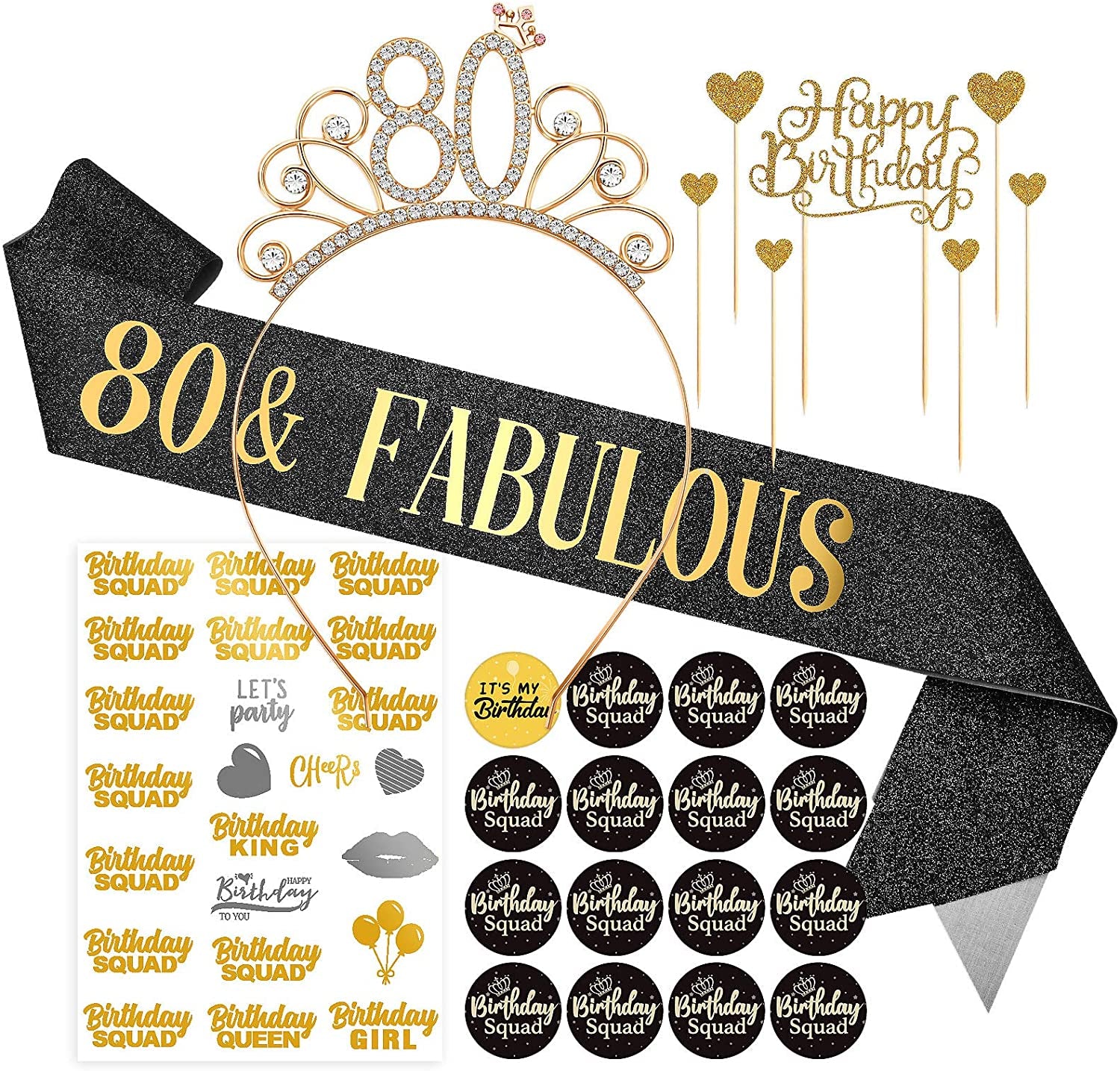 Black Birthday Sash Crowns Tiara Headband for Women - Birthday Buttons Pins Badges Gifts for Girl Birthday Party Supplies Apparel & Accessories > Clothing Accessories > Sashes ERTREE 80th Birthday  