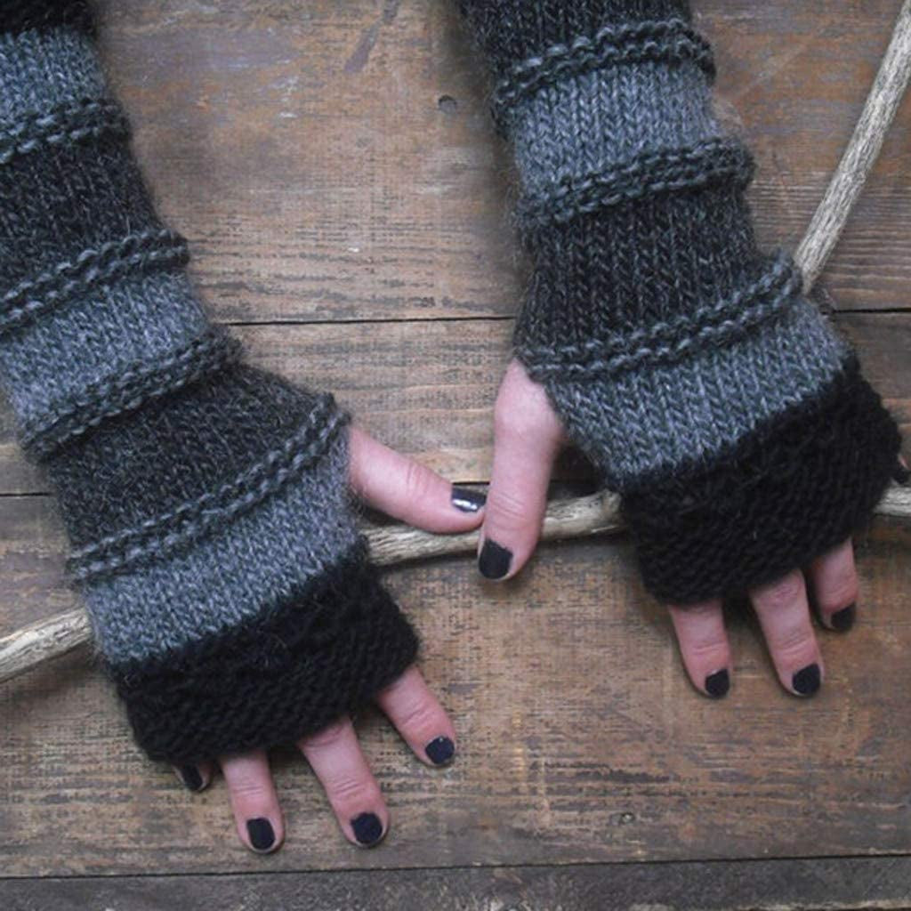 Women Winter Long Fingerless Gloves Striped Knitted Arm Warmer Thumb Hole Gloves Stitching Mittens Gray Apparel & Accessories > Clothing Accessories > Gloves & Mittens BOOA   
