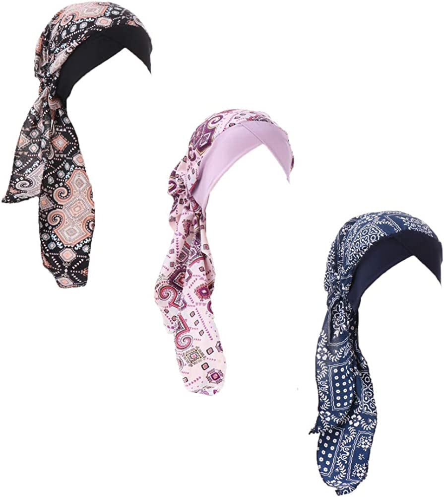 Pre Tied Chemo Head Scarf 3 Packed Beanie Skull Cover Cap for Women (Set6-Long Style) Apparel & Accessories > Clothing Accessories > Bandanas & Headties Qovelly L17- 3 Packed  