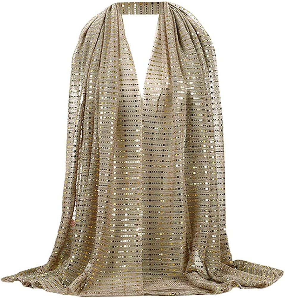Women Solid Color Muslim Headscarf Turban Lightweight Jersey Hijab Scarf Wrap Apparel & Accessories > Clothing Accessories > Scarves & Shawls EDITHA Gold+sequins One Size 