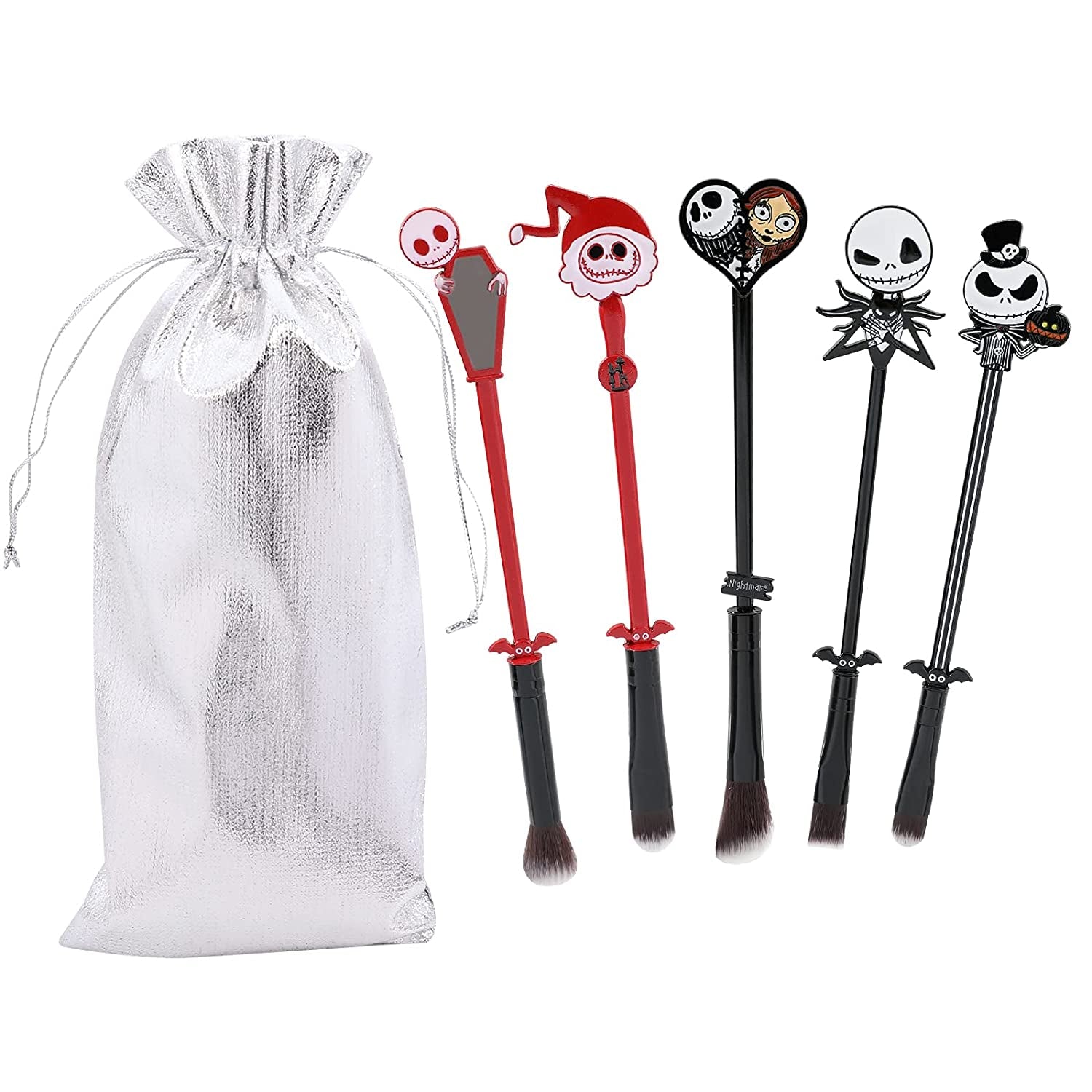 Nightmare before Christmas Makeup Brushes - 5Pcs Corpse Bride Anime Make up Brush Set Silver Drawstring Bag Included Health & Beauty > Personal Care > Cosmetics > Cosmetic Tools > Makeup Tools rongji jewelry Brushes  
