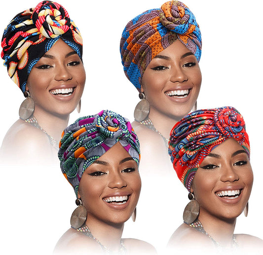 SATINIOR 4 Pieces African Pattern Headwrap Pre-Tied Bonnet Turban Knot Beanie Cap Headwrap Hat Apparel & Accessories > Clothing Accessories > Headwear SATINIOR Flower Style  