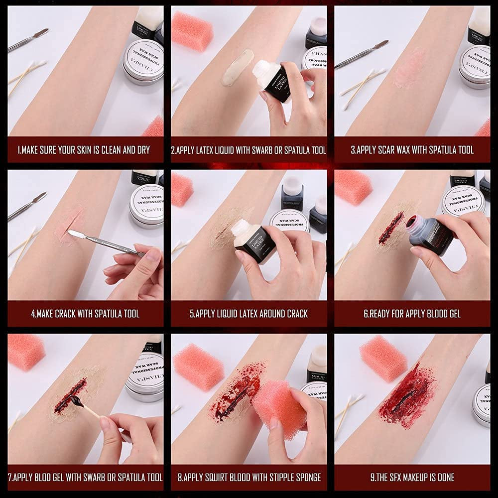 CHASPA Halloween Liquid Latex Special Effects SFX Makeup Kit - Scar Wax + 2 Btl Liquid Latex + 2 Btl Fake Blood + Spatula Tool + 2Pcs Stipple Sponge + 4Pcs Makeup Sponges + Cotton Swabs Health & Beauty > Personal Care > Cosmetics > Cosmetic Tools > Makeup Tools CHASPA   