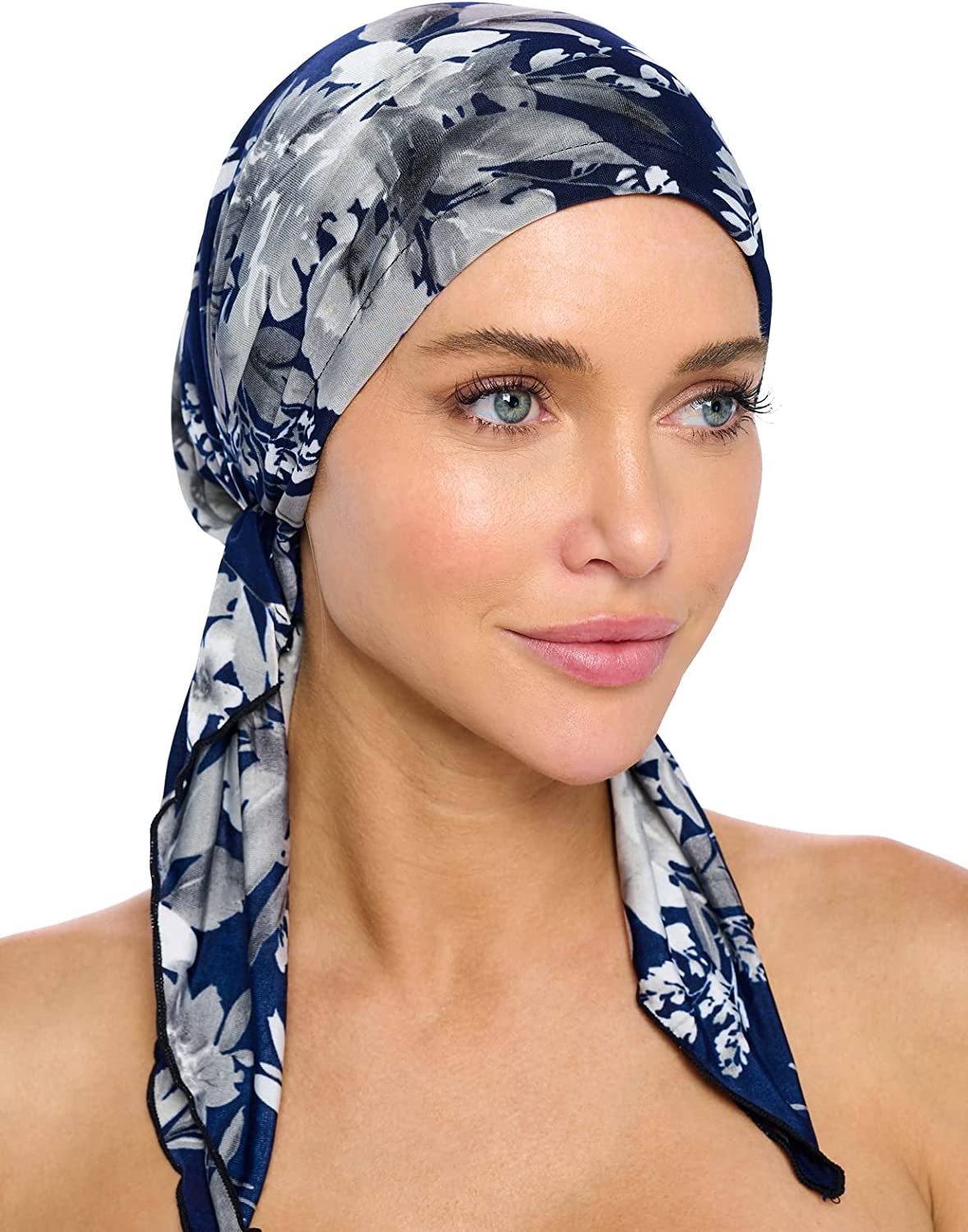 Ashford & Brooks Pre Tied Bandana Turban Chemo Head Scarf Sleep Hair Cover Hat Apparel & Accessories > Clothing Accessories > Bandanas & Headties Ashford & Brooks Floral Blue/White One Size 