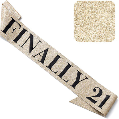 CORRURE 'Finally 21' Birthday Sash with Glitter - Gold Sash with Black Foil 21St Birthday Sash for Men and Women - Ideal Twenty One Sash Party Favors Supplies and Decorations for Your 21 Bday Party Apparel & Accessories > Clothing Accessories > Sashes Pego Brands General   