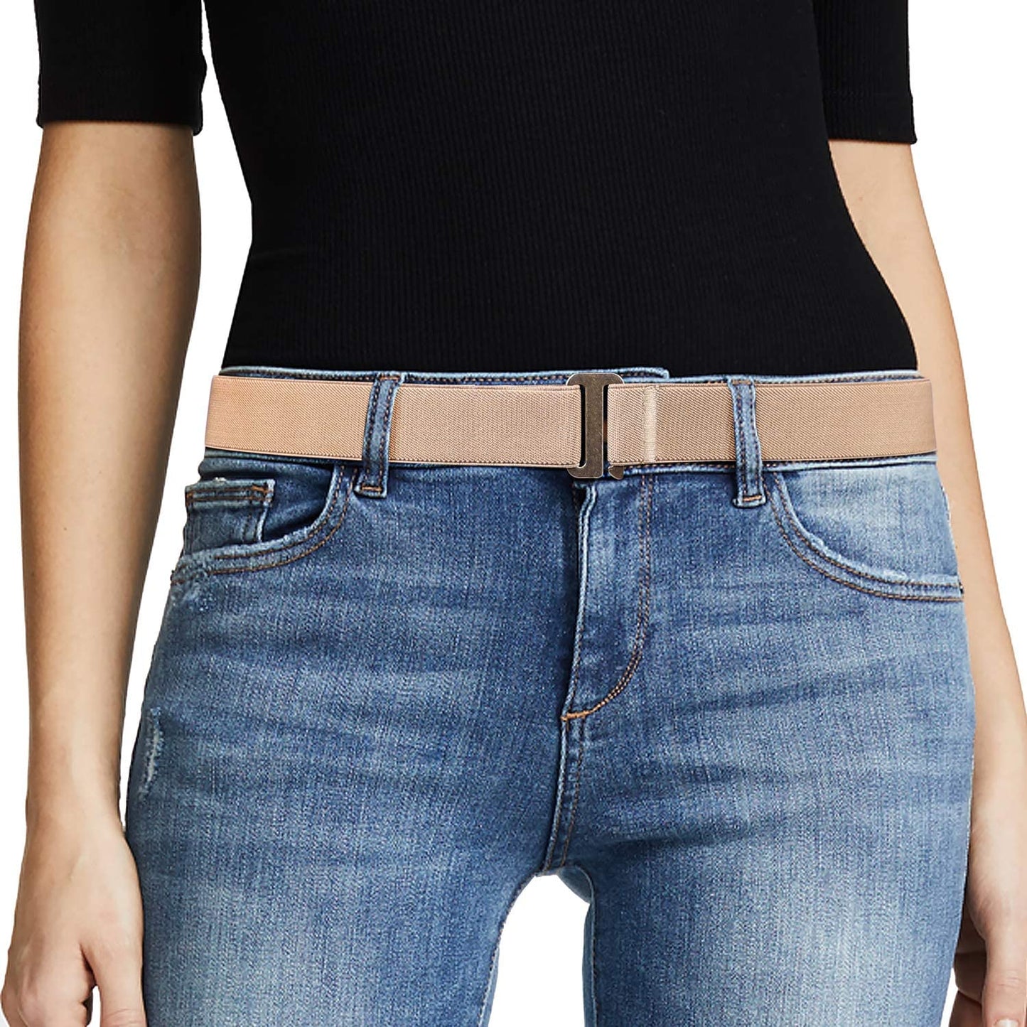 JASGOOD Women No Show Stretch Belt Invisible Elastic Web Strap Belt with Flat Buckle for Jeans Pants Dresses Apparel & Accessories > Clothing Accessories > Belts KYLIE MAX I-khaki-brass Color Buckle Suit for US Size 16+ 