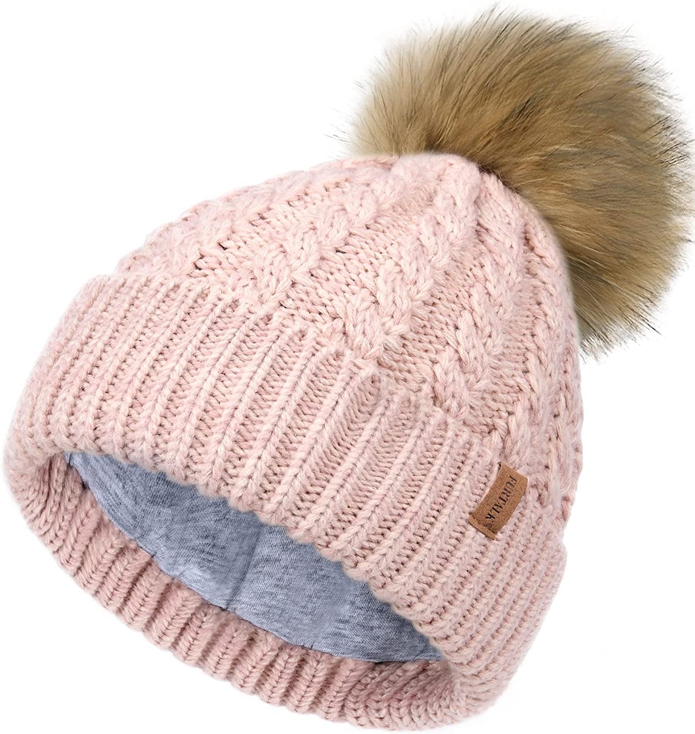 FURTALK Winter Beanie Hat for Women Cotton Lined Faux Fur Pom Pom Hats Womens Warm Thick Knit Skull Cap Apparel & Accessories > Clothing Accessories > Hats KYLIE MAX 29 Mixed Pink One Size 