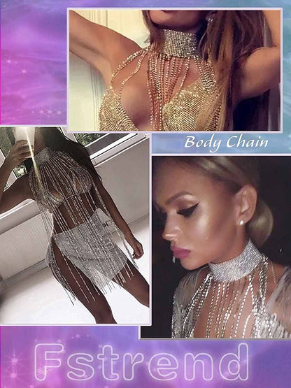 Fstrend Women Rhinestone Choker Long Tassel Necklaces Sparkly Crystal Collar Necklace Fashion Statement Party Festival Body Accessories Jewelry Chain Apparel & Accessories > Jewelry > Necklaces Fstrend   