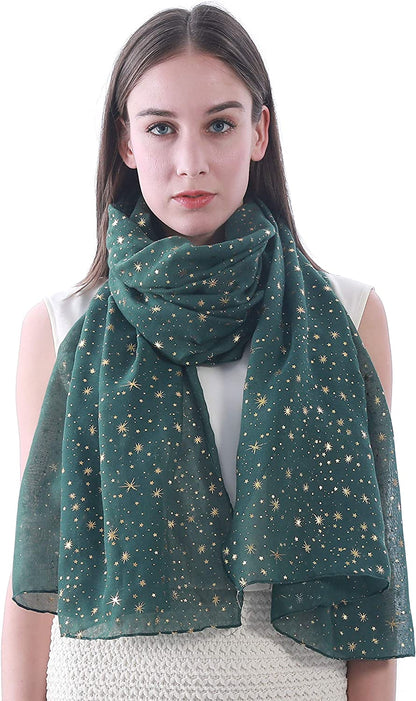 Lina & Lily Silver Gold Glitters Shimmer Foil Stars Women Scarf Shawl Wrap Apparel & Accessories > Clothing Accessories > Scarves & Shawls Lina & Lily Dark Green (Gold Stars)  