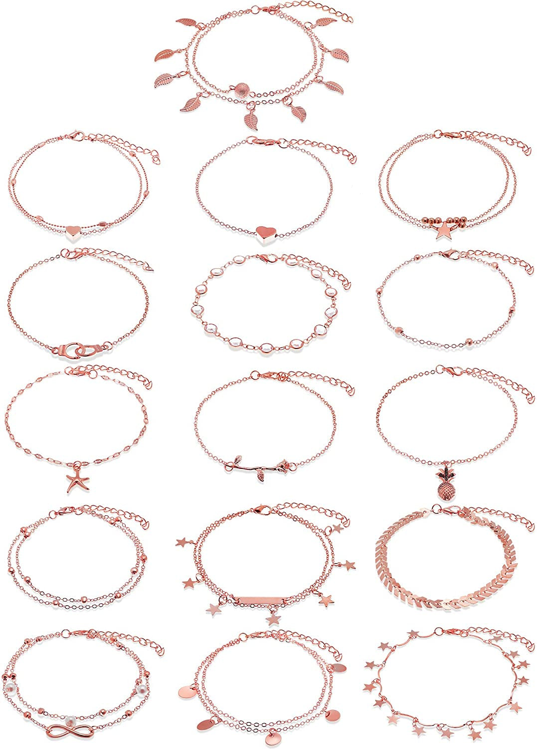 Hicarer 16 Pieces Boho Ankle Bracelets Beach Anklets Foot Chains Adjustable Foot Hand Jewelry Romantic Gift for Women Girls Apparel & Accessories > Jewelry > Anklets Hicarer Rose Gold Leaf, Heart, Star 