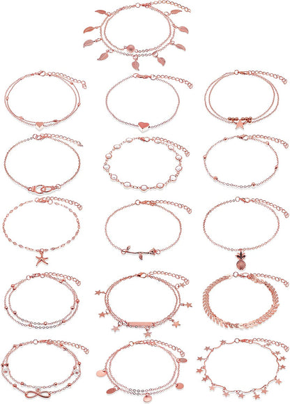 Hicarer 16 Pieces Boho Ankle Bracelets Beach Anklets Foot Chains Adjustable Foot Hand Jewelry Romantic Gift for Women Girls Apparel & Accessories > Jewelry > Anklets Hicarer Rose Gold Leaf, Heart, Star 