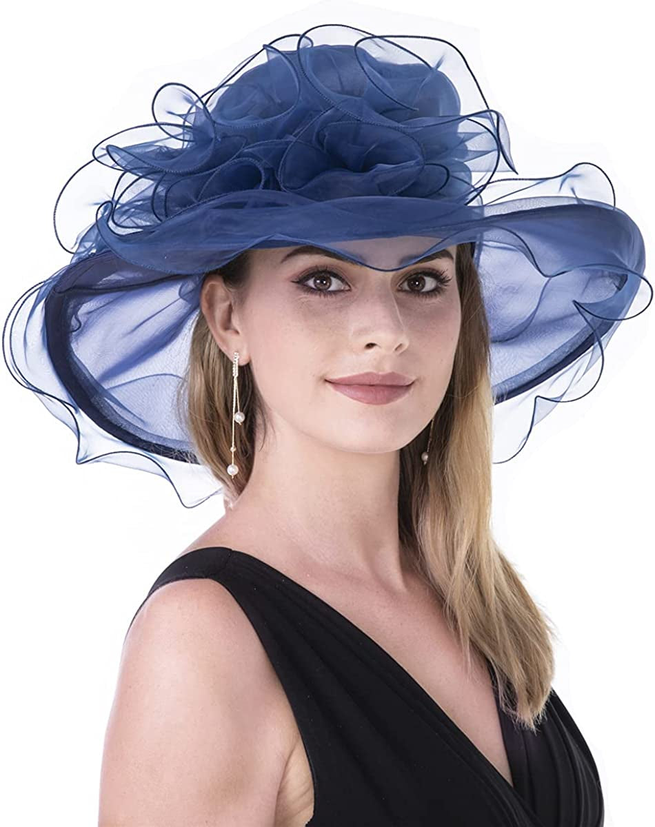 Lucky Leaf Women Kentucky Derby Church Cap Wide Brim Summer Sun Hat for Party Wedding Apparel & Accessories > Clothing Accessories > Headwear Lucky Leaf Nf-navy  