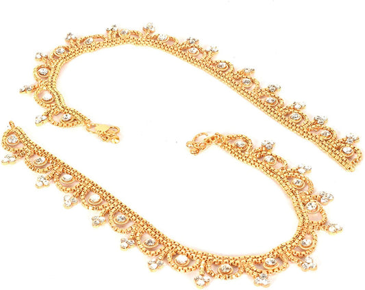 Jewarhaat Indian Gold Plated Anklet Pair Payal Indian Traditional CZ AD Handmade Natural Fashion Jewellery Apparel & Accessories > Jewelry > Anklets Generic   