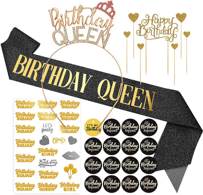 Black Birthday Sash Crowns Tiara Headband for Women - Birthday Buttons Pins Badges Gifts for Girl Birthday Party Supplies Apparel & Accessories > Clothing Accessories > Sashes ERTREE Birthday Queen  