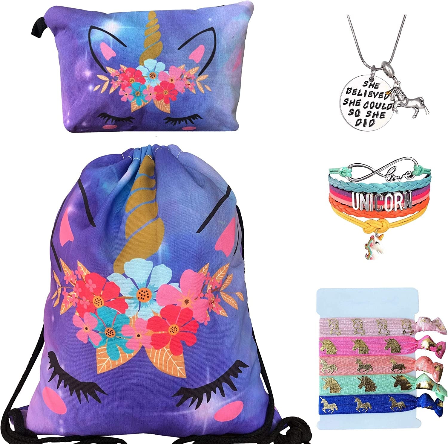 Unicorn Gifts for Girls - Unicorn Drawstring Backpack/Makeup Bag/Bracelet/Inspirational Necklace/Hair Ties (Flower Unicorn) Apparel & Accessories > Jewelry > Bracelets Doctor Unicorn Purple Unicorn  